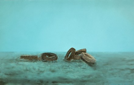 “Tires” 2008: mixed media, oil on canvas 12×20 inches