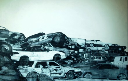 “Stacked Abundance” 2012: mixed media, oil on canvas 76×90 inches