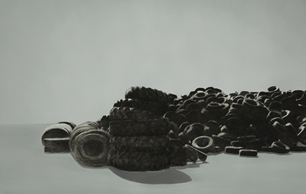 “Tire Pile 2” 2012: mixed media, oil on steel 18×24 inches