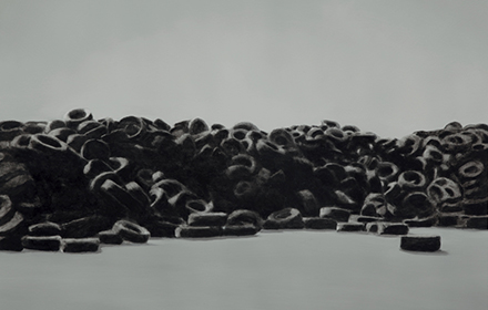 “Tire Pile 3” 2012: mixed media, oil on steel 18×24 inches