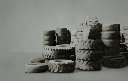 “Tire Pile 5” 2012: mixed media, oil on steel 18×24 inches