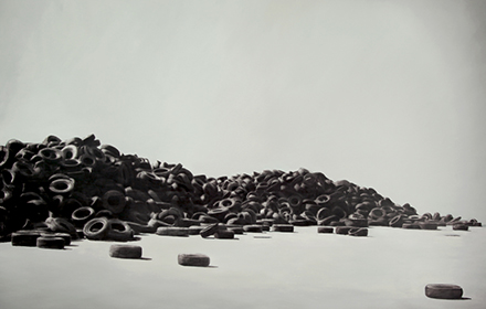 “Tire Piles” 2012: mixed media, oil on canvas 76×90 inches